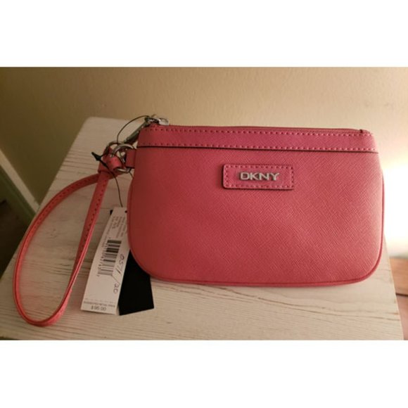 DKNY Pink Leather Wristlet Wrist Wallet Strap Interior Pocket Silvertone NWT - Picture 2 of 4